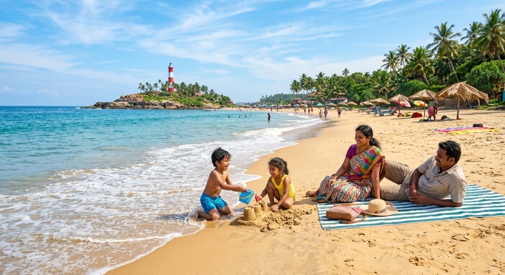 family enjoying Kovalam beach Kerala