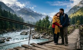 Couple on a bridge during their delhi to manali couple package trip.