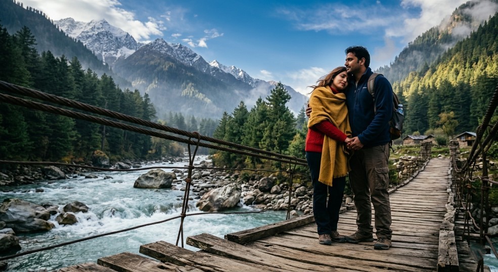 Couple on a bridge during their delhi to manali couple package trip.