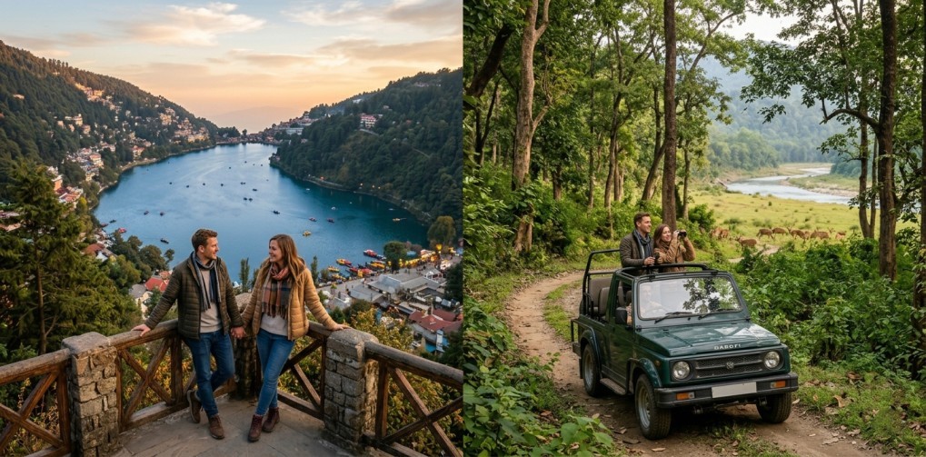 Romantic Getaway to Nainital and Corbett 2026 – Couple enjoying scenic views of Naini Lake and the lush forests of Corbett National Park