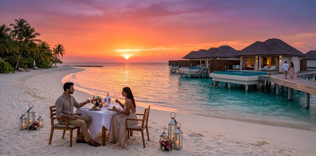 Romantic India To Maldives Couple Package with luxury water villa and sunset beach view
