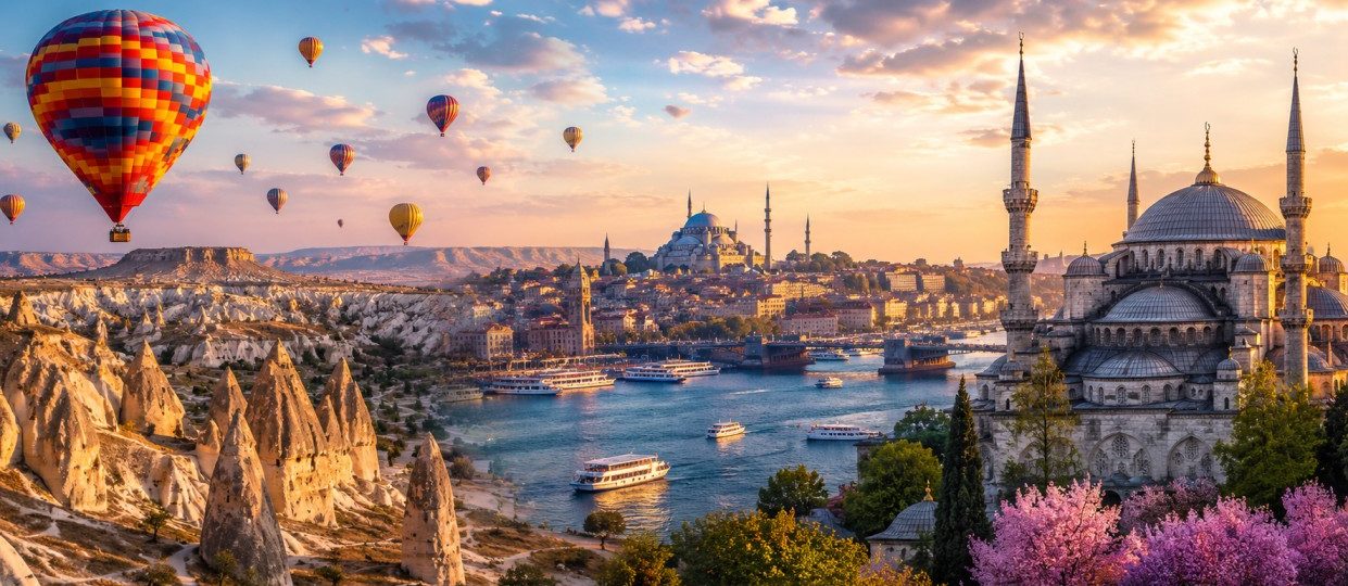 Turkey Trip From India 2026 featuring Cappadocia hot air balloons, Istanbul skyline, and iconic Turkish landmarks