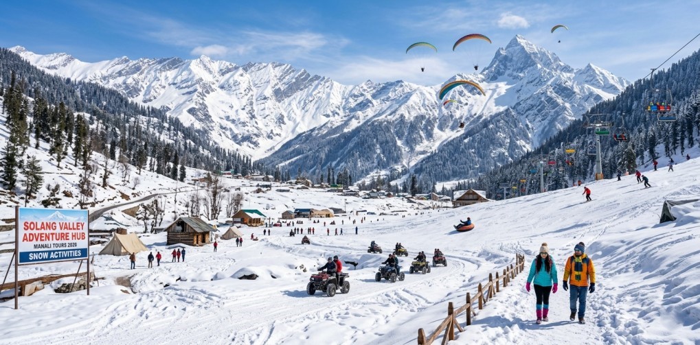 Delhi To Manali Tour Package 2026 with snow-covered mountains, Solang Valley adventure activities, and scenic Himalayan landscapes
