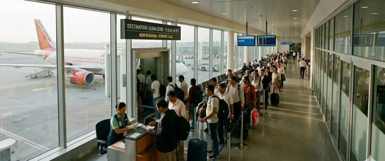 Passengers boarding an India to Dubai flight 2026 at an international airport terminal