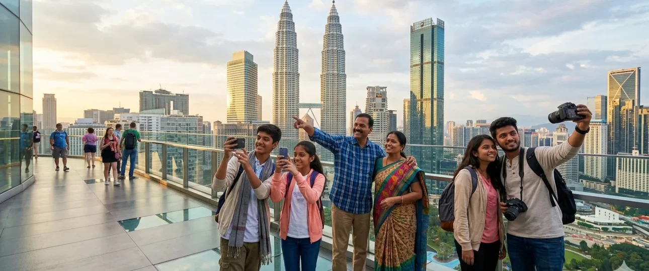 India to Malaysia tour travelers exploring Kuala Lumpur skyline with Petronas Twin Towers in the background