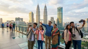 India to Malaysia tour travelers exploring Kuala Lumpur skyline with Petronas Twin Towers in the background