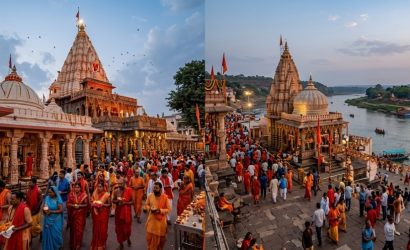 Jyotirlingas Madhya Pradesh 3N/4D Tour Package 2026 featuring Mahakaleshwar and Omkareshwar Jyotirlinga temples with devotees, spiritual architecture, and sacred Shiva pilgrimage in Madhya Pradesh