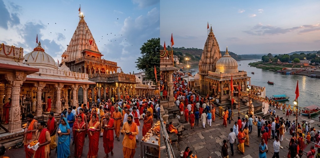 Jyotirlingas Madhya Pradesh 3N/4D Tour Package 2026 featuring Mahakaleshwar and Omkareshwar Jyotirlinga temples with devotees, spiritual architecture, and sacred Shiva pilgrimage in Madhya Pradesh